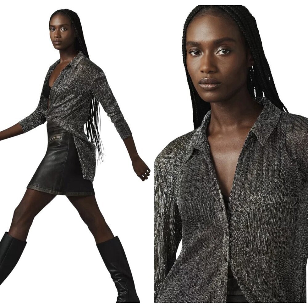 Anthropologie Pilcro Black Silver Metallic Button Front Long Sleeve Tunic Top